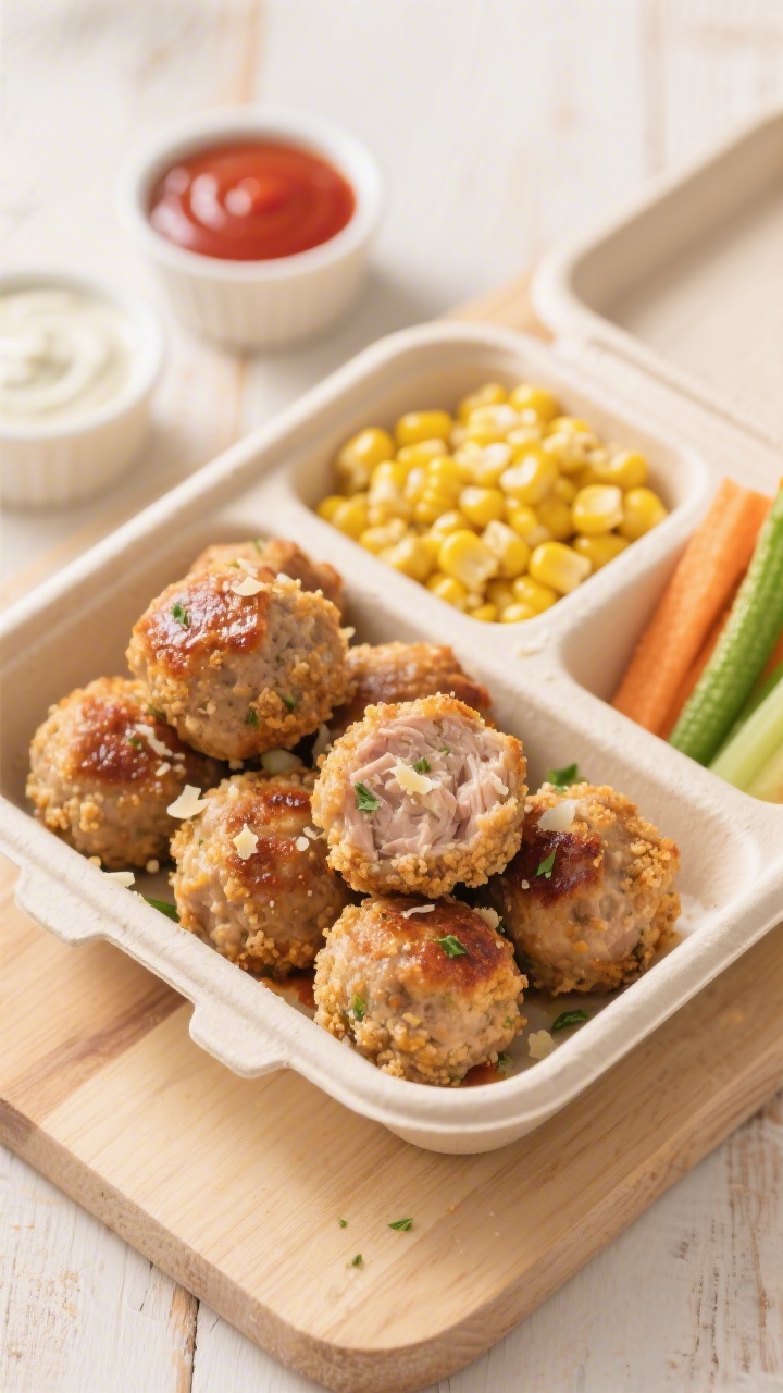 45-degree angle plated bento box featuring mini turkey meatballs: golden-browned turkey meatballs made from 93% lean ground turkey, panko breadcrumbs, grated onion, grated parmesan, egg, ketchup, and Italian seasoning, nestled beside sweet corn kernels and fresh veggie dippers; include small ramekins of ketchup and ranch, neat bento-style compartments on a light wood surface, shallow depth of field highlighting the meatball crust and corn gloss, clean and cheerful lunchtime vibe