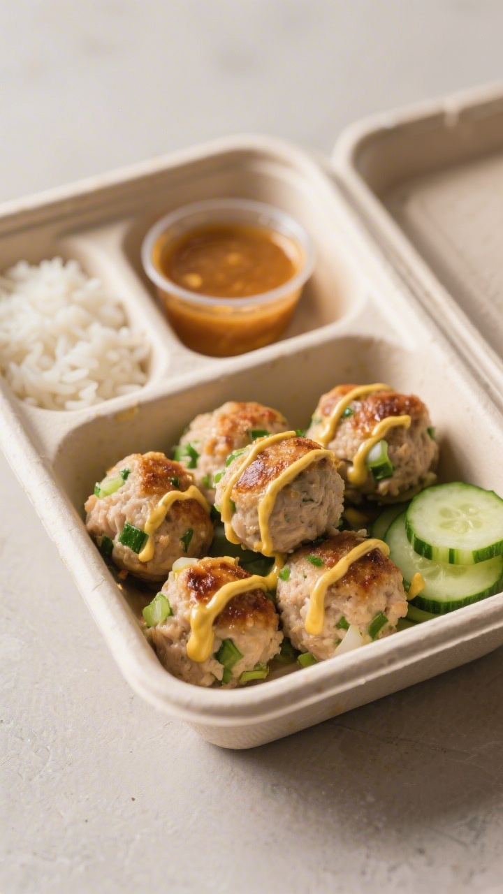 45-degree angle plated bento box with mini chicken veggie meatballs glistening and lightly browned, made from ground chicken with finely grated, squeezed-dry zucchini and very finely minced onion, tender inside; honey-mustard drizzle zigzagged over a few meatballs with a separate tiny container of extra sauce; compartments include simple toddler sides (plain rice and cucumber coins) for scale; neutral backdrop, shallow depth of field to emphasize texture of the meatballs and the green zucchini flecks.