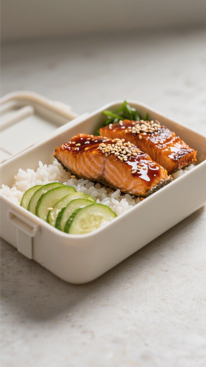 45-degree angle plated bento-style lunch box with glossy teriyaki salmon bites (skin-on pieces caramelized), fluffy white rice, and a tidy row of quick pickles; glaze made from low-sodium soy sauce, honey, rice vinegar, and sesame oil brushing the salmon, with toasted sesame seeds and a few scallion slices for brightness; clean minimal styling, lacquered sheen on salmon, soft natural light to capture sticky glaze and contrasting textures.