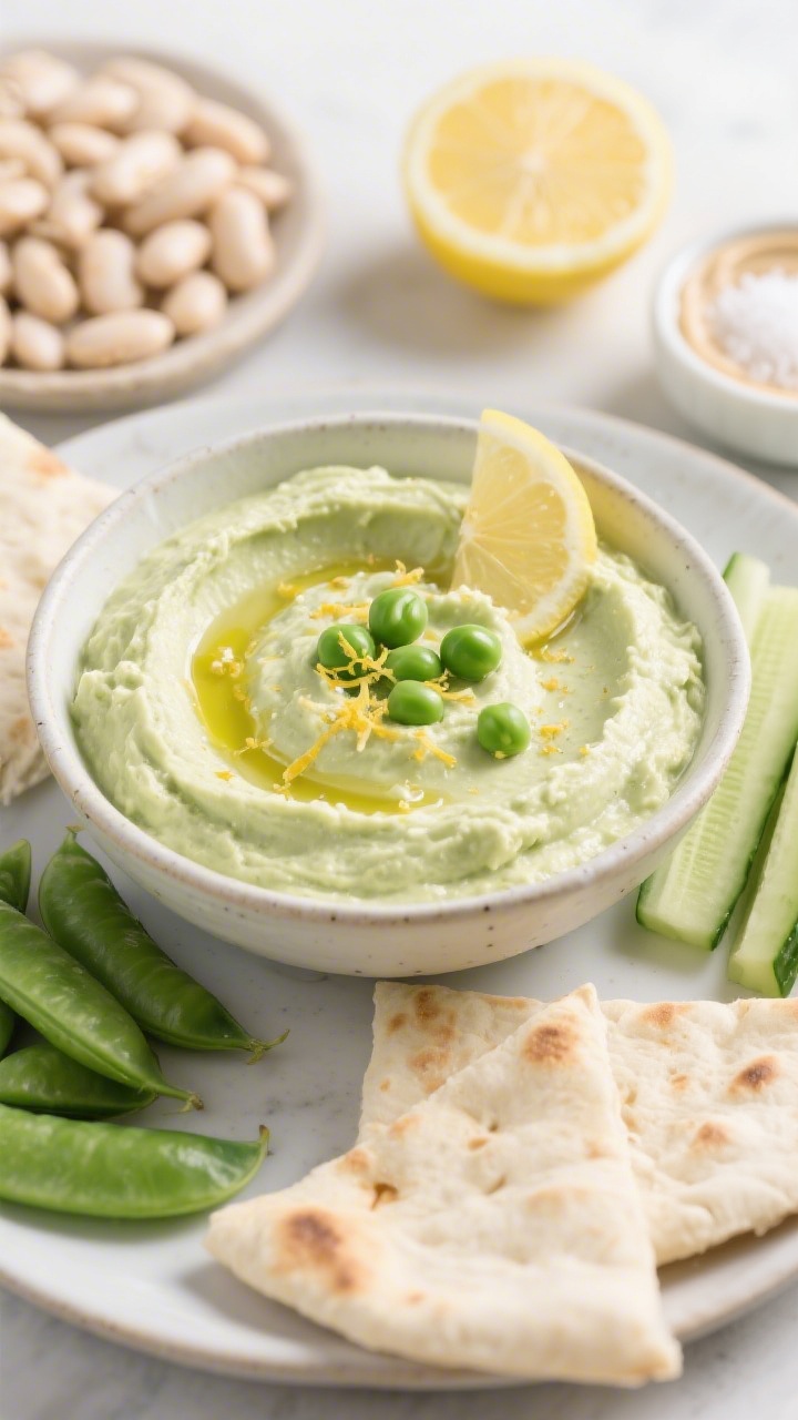 45-degree angle plated dip scene of speedy white bean hummus with a sweet pea twist, blended to a pale green, ultra-smooth finish in a shallow bowl; drizzle of olive oil, sprinkle of lemon zest, and a few whole peas on top; ingredients flanking: rinsed cannellini beans, thawed peas, tahini, halved lemon, and salt; served with soft pita triangles and cucumber sticks; airy spring vibe, light backdrop.