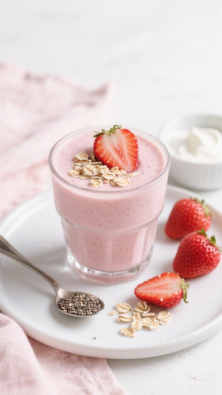 45-degree angle plated final smoothie for a Strawberry Shortcake Smoothie: a frosty pale-pink smoothie in a clear toddler-friendly glass, topped with a sprinkle of rolled oats and one halved strawberry; nearby a spoonful of chia seeds and a small bowl of Greek yogurt; a few strawberries (some slightly thawing) and rolled oats on the surface; shot on a bright white background with a blush linen, focus on creamy texture and vibrant berry color, crisp highlights, no people.