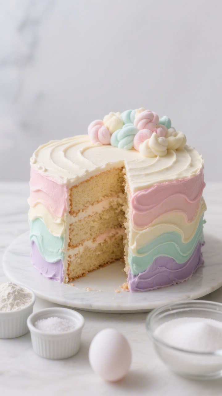 45-degree angle plated hero shot of a Pastel Rainbow Ombre Cake With Cotton Candy Swirls: tall, cleanly sliced cake showing seamless ombre layers from blush pink to mint to lavender, frosted in smooth vanilla buttercream with whimsical cotton candy tufts on top; include subtle props—small ramekins of cake flour, baking powder, fine salt, granulated sugar, and a clear bowl of glossy egg whites to hint at ingredients; set on a light backdrop with gentle backlighting to highlight the airy crumb and delicate pastel tones, razor-sharp focus on the slice, bokeh on the whole cake behind.