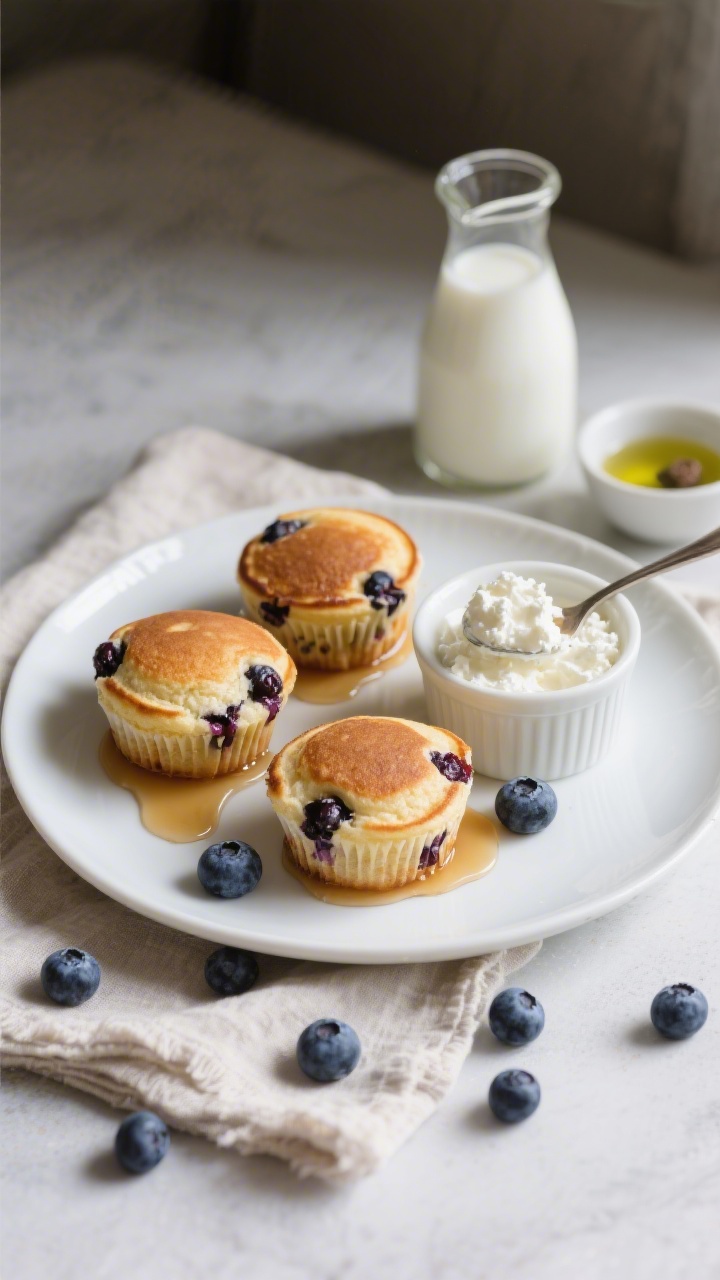 45-degree angle plated presentation of cottage cheese blueberry muffins that resemble pancake bites: bite-sized, dome-topped muffins studded with juicy blueberries, a drizzle of maple syrup pooling on a white plate, a spoonful of full-fat cottage cheese in a ramekin, small carafe of milk, and a tiny bowl of avocado oil; soft, cozy breakfast vibe with a linen napkin and blueberries scattered.