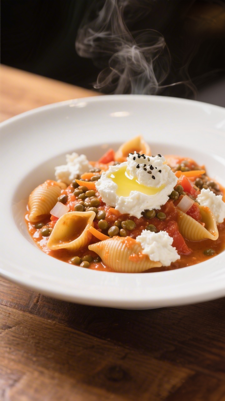 45-degree angle plated presentation of creamy lentil tomato pasta (mini shells) coated in a silky tomato-lentil sauce, dotted with “ricotta clouds” on top, glossy from a drizzle of olive oil; visible bits of finely grated carrot and minced onion melded into the sauce; served in a wide white bowl on a warm wooden table, steam gently rising, sprinkled with black pepper, professional depth of field.