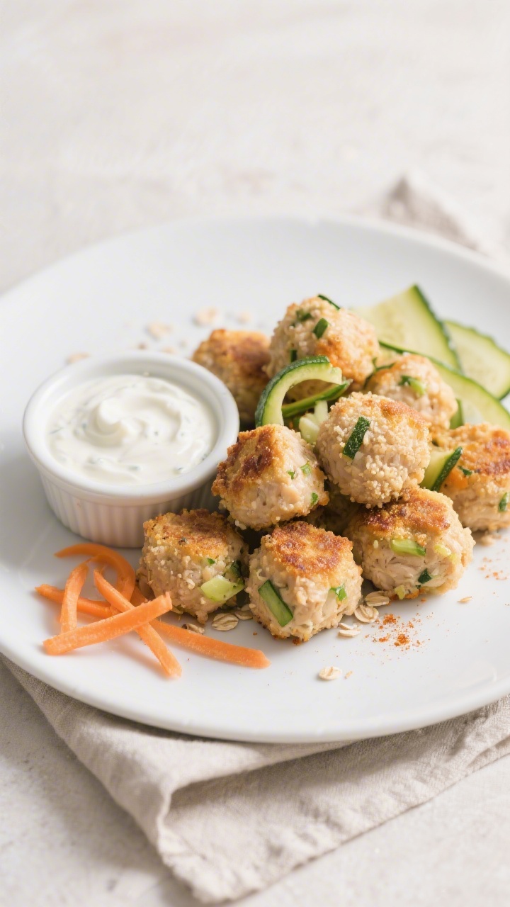 45-degree angle plated presentation of mini chicken veggie meatballs: golden-browned, bite-sized chicken (or turkey) meatballs flecked with finely grated zucchini and carrot, with a side ramekin of sweet yogurt dipping sauce. Very fine breadcrumbs/oat flour texture visible on the meatballs, sprinkled with a pinch of onion powder. Set on a matte white plate over a neutral linen, with a few raw zucchini ribbons and carrot shavings as styling elements. Clean, bright lighting for a wholesome, kid-friendly vibe.