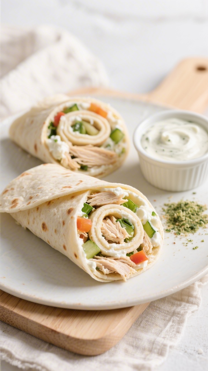 45-degree angle plated presentation of soft chicken veggie pinwheels neatly sliced, spiraled inside two flour tortillas, showing a creamy filling of finely shredded cooked chicken bound with cream cheese and Greek yogurt, speckled with ranch seasoning and very fine minced veggies. Arrange on a light wooden board with a small ramekin of smooth ranch dip, a sprinkled pinch of ranch seasoning on the side, and a soft linen. Clean, bright styling, focus on tender texture and swirl pattern.