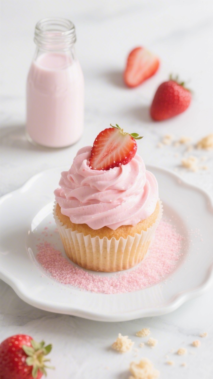 45-degree angle plated presentation of Strawberry Milkshake Cupcakes: pale pink strawberry frosting piled high with a glossy swirl, fresh strawberry slice garnish, and pink sugar dust. Vanilla-strawberry cupcake base made from all-purpose flour, baking powder, baking soda, salt, butter, granulated sugar, eggs, and vanilla extract, with real berry notes. Set on a white ceramic plate with a small glass bottle of strawberry milk in the background, a few halved ripe strawberries and cake crumbs around for context. Clean, bright styling that feels like a classic diner milkshake in cupcake form, no people.