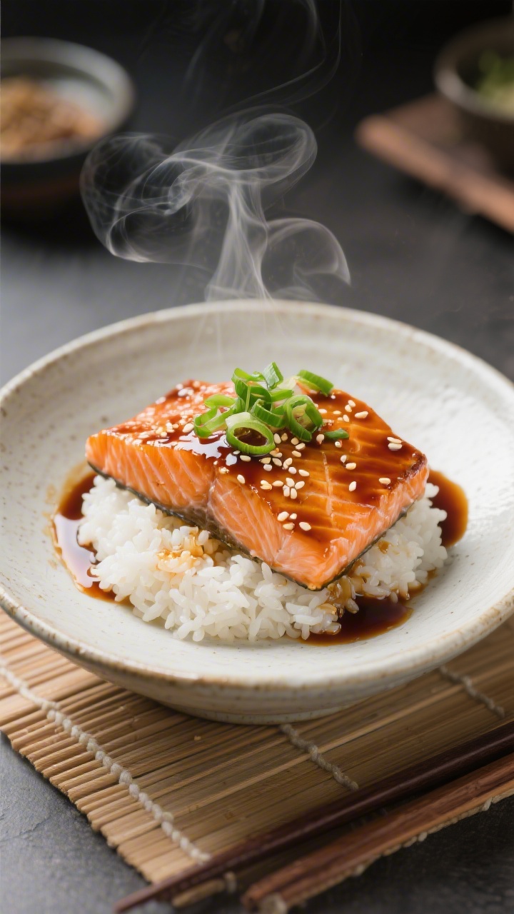 45-degree angle plated presentation of teriyaki salmon rice bowls: glistening salmon fillets with lacquered honey-soy-ginger glaze and visible sesame oil sheen, served over fluffy white rice, topped with a drizzle of thickened cornstarch slurry sauce, garnished with thinly sliced green onions and sesame seeds; steam rising subtly, sauce pooling slightly around the salmon, ceramic bowl on a bamboo mat with chopsticks nearby, clean modern Japanese-inspired styling.