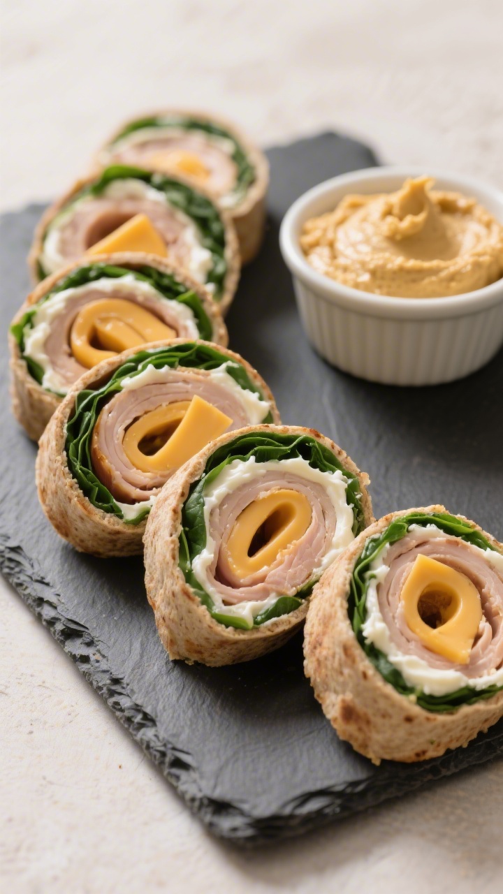 45-degree angle plated presentation of turkey-and-cheddar pinwheel roll-ups: whole wheat and spinach tortillas spread with a thin layer of whipped cream cheese, rolled tightly around nitrate-free deli turkey and sharp cheddar, sliced into neat spirals; arranged on a slate board with alternating green and tan pinwheels, visible cheddar layers and turkey folds; a ramekin of hummus on the side as an alternative spread; crisp edges, vibrant greens and golden cheese tones, soft natural light.