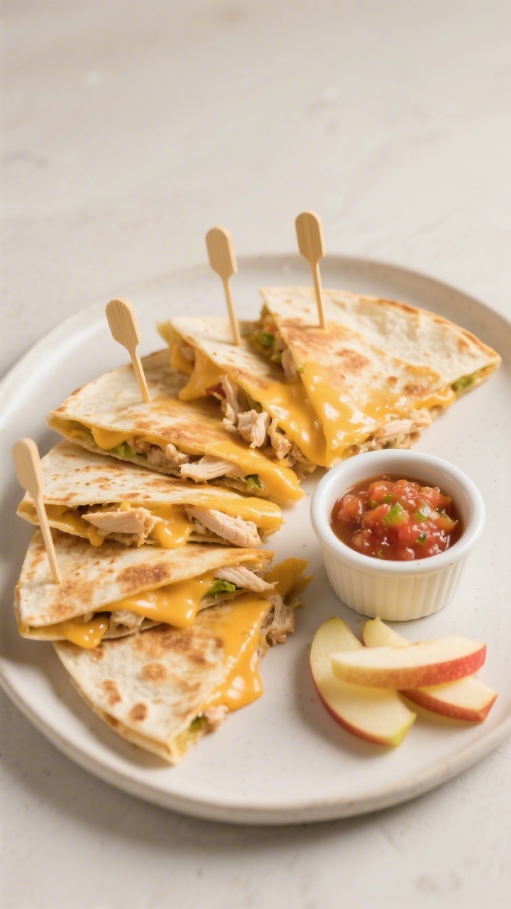 45-degree angle plated shot of cheesy chicken and apple quesadilla dippers, cut into slim triangles for little hands. Golden, lightly crisp flour tortillas with oozy mild cheddar/Colby Jack, finely chopped cooked chicken, and sweet grated Gala apple (juice squeezed) visible at the cut edges. A tiny ramekin of mild salsa on the side, and a few apple matchsticks to hint at the ingredient. Warm, melty cheese stretch captured, clean neutral background.