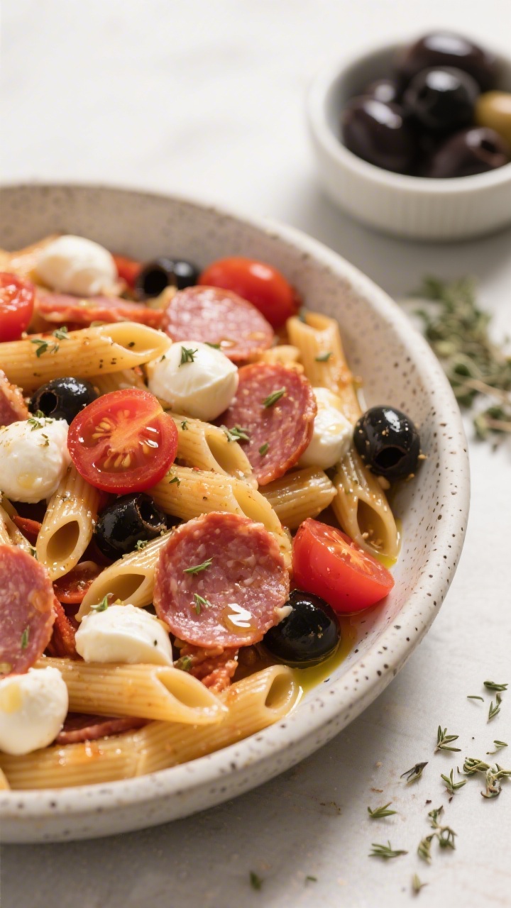 45-degree angle plated shot of Pizza Party Penne (No Oven Required): penne pasta mixed with halved mini mozzarella balls, quartered turkey pepperoni, quartered cherry tomatoes, and sliced black olives; lightly dressed with a sheen of olive oil and a dusting of dried oregano to evoke pizza flavors; served in a low, wide speckled bowl with a tiny bowl of extra olives and a pinch bowl of oregano nearby; clean, modern styling, warm tones, sharp focus on the stretchy gloss of mozzarella and the red-pepperoni pops, shallow depth of field.