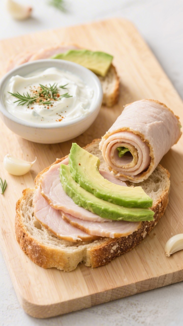 45-degree angle prep shot of “Super-Soft Turkey & Avocado Roll-Ups With Yogurt Ranch”: two slices of soft whole wheat or potato bread laid out; a small bowl of plain Greek yogurt mixed with dried dill, a pinch of garlic and onion powder forming a creamy ranch spread; thin turkey slices and fanned avocado on the bread, one slice being rolled into a snug spiral; minimal styling on a light wood board, bright, kid-friendly mood, focus on velvety avocado and tender turkey.