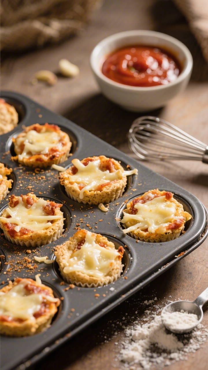 45-degree angle process shot of mini muffin tin pizza bites just out of the oven: a nonstick mini muffin pan filled with golden puffed whole-wheat flour batter speckled with garlic powder, topped with melted, slightly browned shredded mozzarella; a small bowl of pizza sauce in frame, a whisk and measuring spoons dusted with flour and baking powder nearby, warm directional light emphasizing melty cheese and fluffy edges, shallow depth of field.