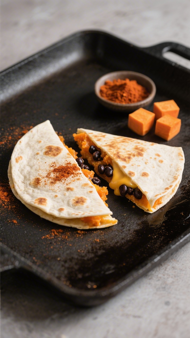 45-degree angle process shot of sweet potato black bean quesadilla pockets on a griddle: half-moon folded tortillas sealed and lightly crisped with faint golden spots, a seam of melted mild cheddar visible, orange mashed sweet potato and slightly mashed black beans peeking at the edge, dusting of mild chili powder or smoked paprika on top. One pocket cut open to show the gooey interior; a small dish of paprika and a few sweet potato cubes staged nearby on a dark cast-iron surface for contrast.