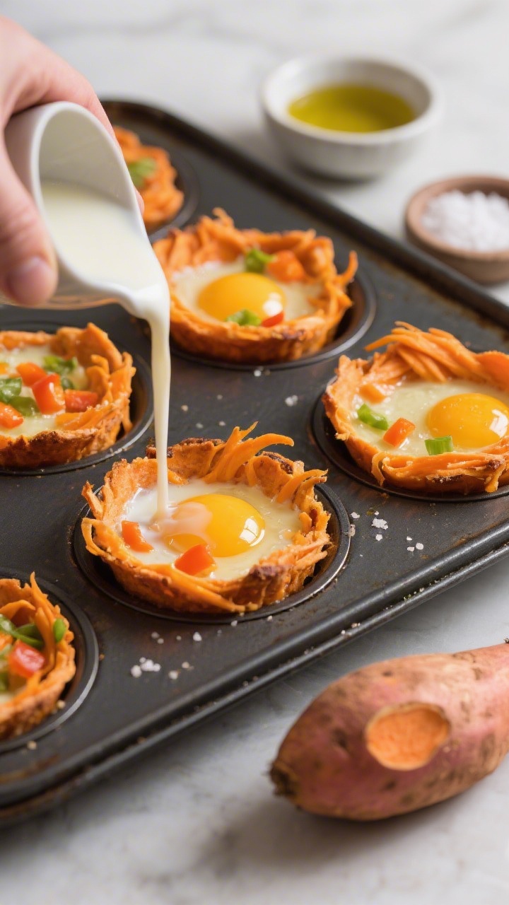 45-degree angle process shot of veggie egg cups with sweet potato crust being filled in a muffin pan: spiral-shredded sweet potato pressed into crisped orange crusts, then a pour of whisked eggs with whole milk studded with finely chopped orange bell pepper; olive oil sheen and a pinch of salt visible; set on a dark sheet pan with a small bowl of olive oil, salt pinch bowl, and a peeled sweet potato in frame; bright, colorful, protein-forward vibe.