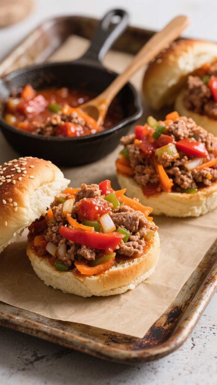 45-degree angle process-to-plate scene: mini buns filled with saucy turkey veggie sloppy joe mixture piled high—lean ground turkey with visible finely chopped onion, red/orange bell pepper, grated carrot, and tomato-rich sauce; a few extra spoonfuls of the mixture in a small skillet to the side with a wooden spoon; buns lightly toasted, a couple sesame-topped; warm, family-style vibe on a rustic tray.