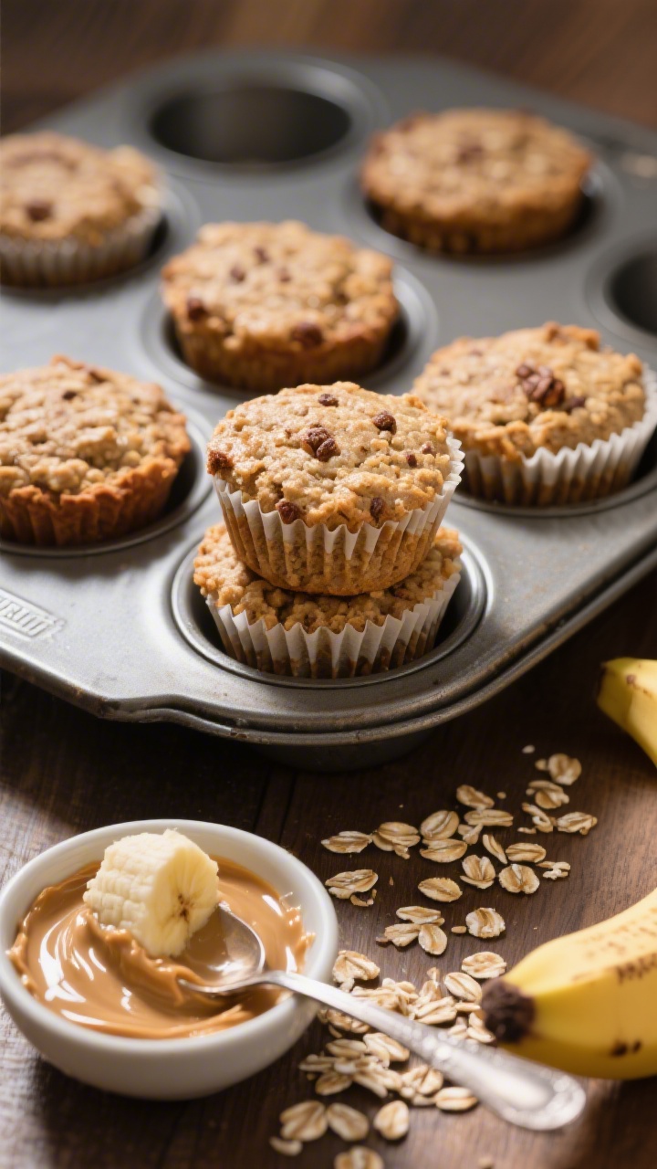 45-degree angle rack shot of peanut butter banana oat cups in a muffin tin: rustic, nubbly tops with cinnamon freckles and oat texture, a few cups pulled out and stacked to show their hearty crumb; a smear of peanut butter on a spoon, mashed banana in a small bowl, and scattered rolled oats to suggest “bake and forget”; warm, cozy tones with directional side light to accent ridges and gloss.