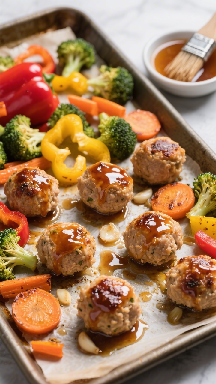 45-degree angle sheet-pan scene of honey-garlic chicken meatballs with rainbow veggies fresh from the oven: plump, glossy meatballs made from ground chicken, fine breadcrumbs, milk, egg, grated onion, minced garlic, kosher salt, and black pepper, lacquered with a sticky honey-garlic glaze; surrounding roasted rainbow veg medley (red bell peppers, yellow bell peppers, broccoli florets, and thin carrot rounds) lightly caramelized; glaze drips pooling slightly on the parchment-lined pan; a small bowl of extra honey-garlic sauce and a pastry brush to the side; high-contrast lighting to emphasize shine and texture.