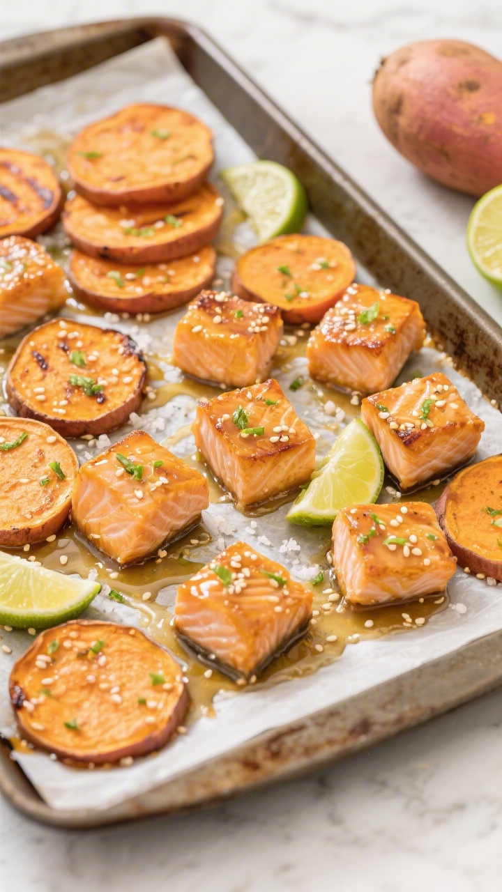 45-degree angle sheet-pan scene of honey-lime salmon bites and sweet potato coins fresh from the oven: caramelized salmon cubes lacquered with a golden honey-lime glaze, scattered lime zest, and sesame seeds; sweet potato rounds with crisped edges and tender centers, lightly charred; a drizzle trail of glaze and lime wedges on the pan; sea salt flakes visible; emphasize sizzling texture with a light sheen; include a single large sweet potato (1 large) and a halved lime on the countertop; bright, clean styling with parchment-lined pan.