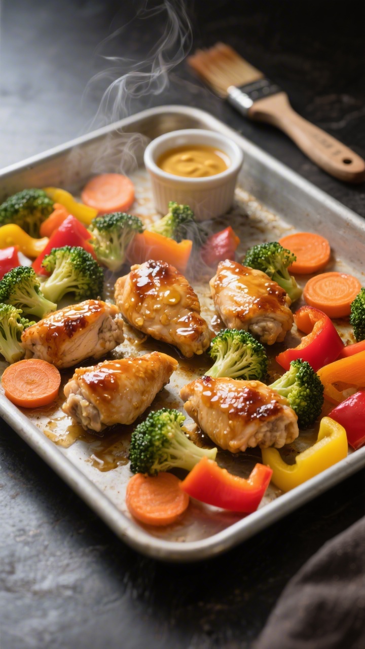 45-degree angle sheet pan scene of honey-mustard–glazed chicken bites roasting alongside rainbow veggies: broccoli florets, carrot coins, and chunky red and yellow bell peppers; the chicken pieces are caramelized at the edges and glistening with sauce, steam just visible; neutral-toned baking sheet on a dark metal surface, a small ramekin of honey-mustard glaze and a brush nearby, high-contrast lighting to emphasize color and texture