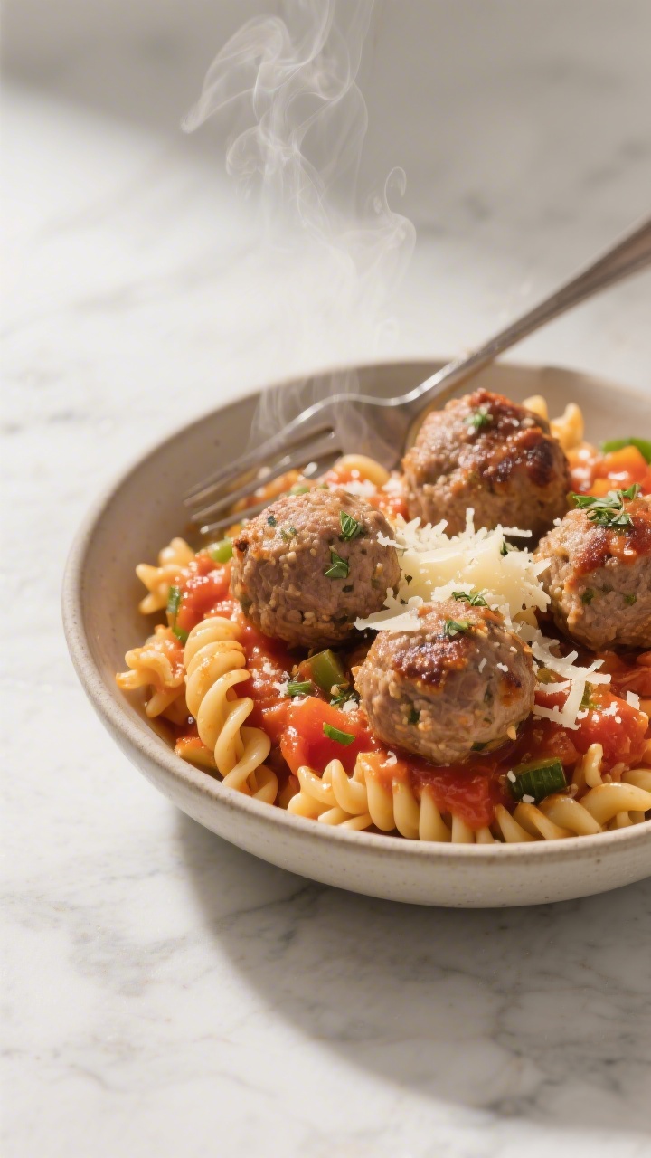 45-degree angle shot of a bowl of short pasta (rotini) coated in a vivid “sneaky veggie” tomato sauce, topped with seared, juicy turkey meatballs; visible grated Parmesan dusting, a sprinkle of dried Italian herb mix, and a light gloss of olive oil; steam rising, fork resting on the rim, the texture of breadcrumbs in the meatballs subtly visible; neutral ceramic bowl on a light marble surface, appetizing and kid-friendly vibe