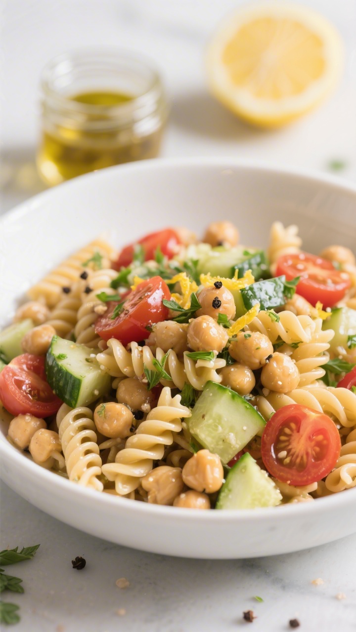 45-degree angle shot of a crunchy chickpea pasta salad in a wide white bowl: whole-wheat or chickpea rotini tossed with rinsed chickpeas, halved cherry tomatoes, and diced English cucumber, glistening with a lemon-herb dressing. Freshly cracked pepper, visible lemon zest, and scattered chopped herbs on top; a small glass jar of dressing and lemon halves in the background. Clean, vibrant colors, shallow depth of field to highlight the pasta and chickpeas.