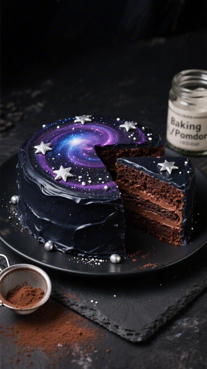 45-degree angle shot of a Galaxy Night Sky Chocolate Cake: rich dark chocolate layers made with unsweetened cocoa powder, whole milk, and sugar, coated in a glossy midnight navy-black buttercream with purple and indigo swirls, shimmering edible “stars” and silver dragées, subtle white splatter for a nebula effect, smooth slice pulled slightly out to reveal moist crumb, set on a matte black plate over slate; include a small sieve dusted with cocoa powder and a jar labeled baking powder/baking soda in the background; moody, low-key lighting for cosmic drama.