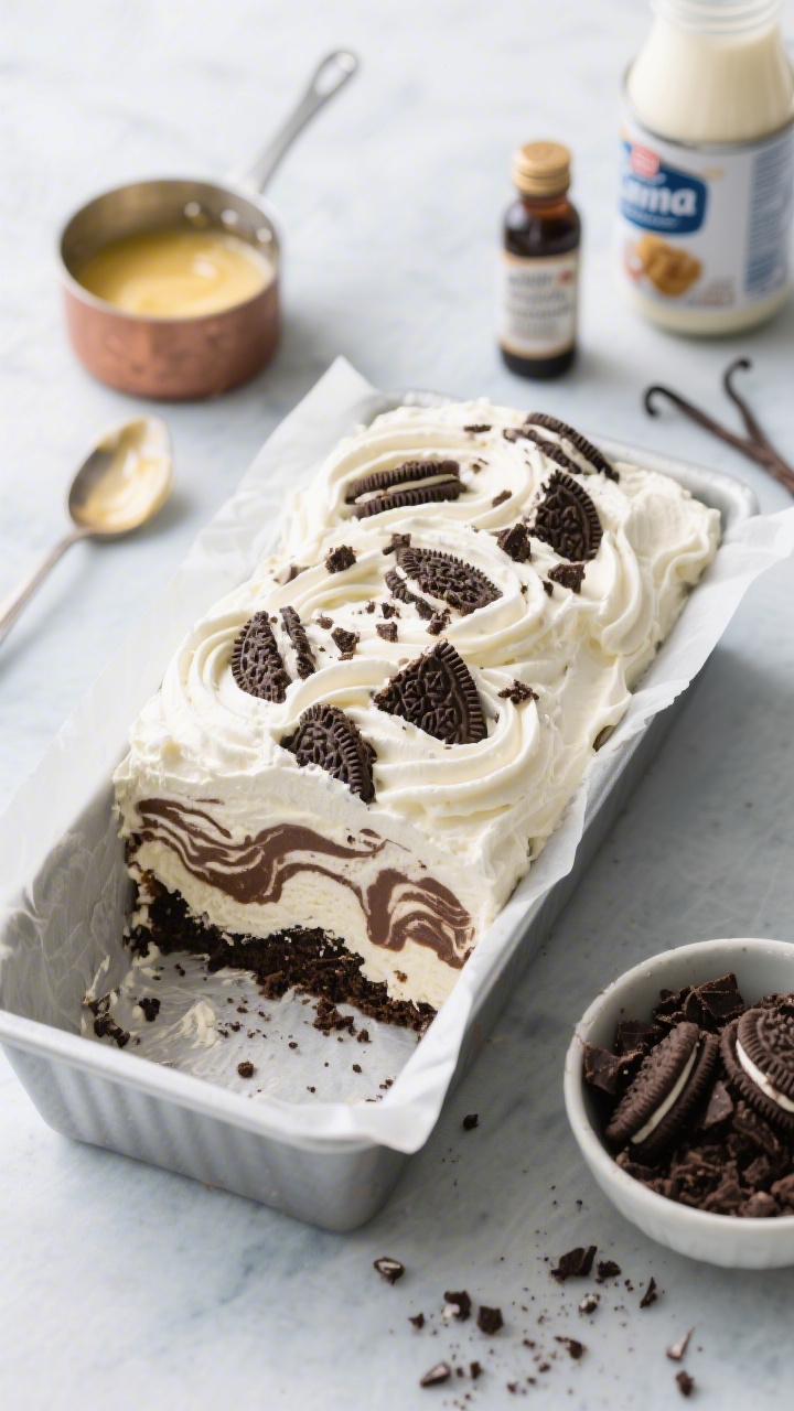 45-degree angle shot of a no-churn build-your-own ice cream sundae cake in a loaf pan lined with parchment: marbled layers of whipped heavy cream, sweetened condensed milk, vanilla, and crushed chocolate sandwich cookies; top swirled and studded with cookie chunks, a small saucepan with melted butter nearby and a spoon for drizzling; side props include vanilla extract bottle, a can of condensed milk, and a bowl of extra crushed cookies; cool-toned background, clean styling, creamy texture emphasized, ready to slice.