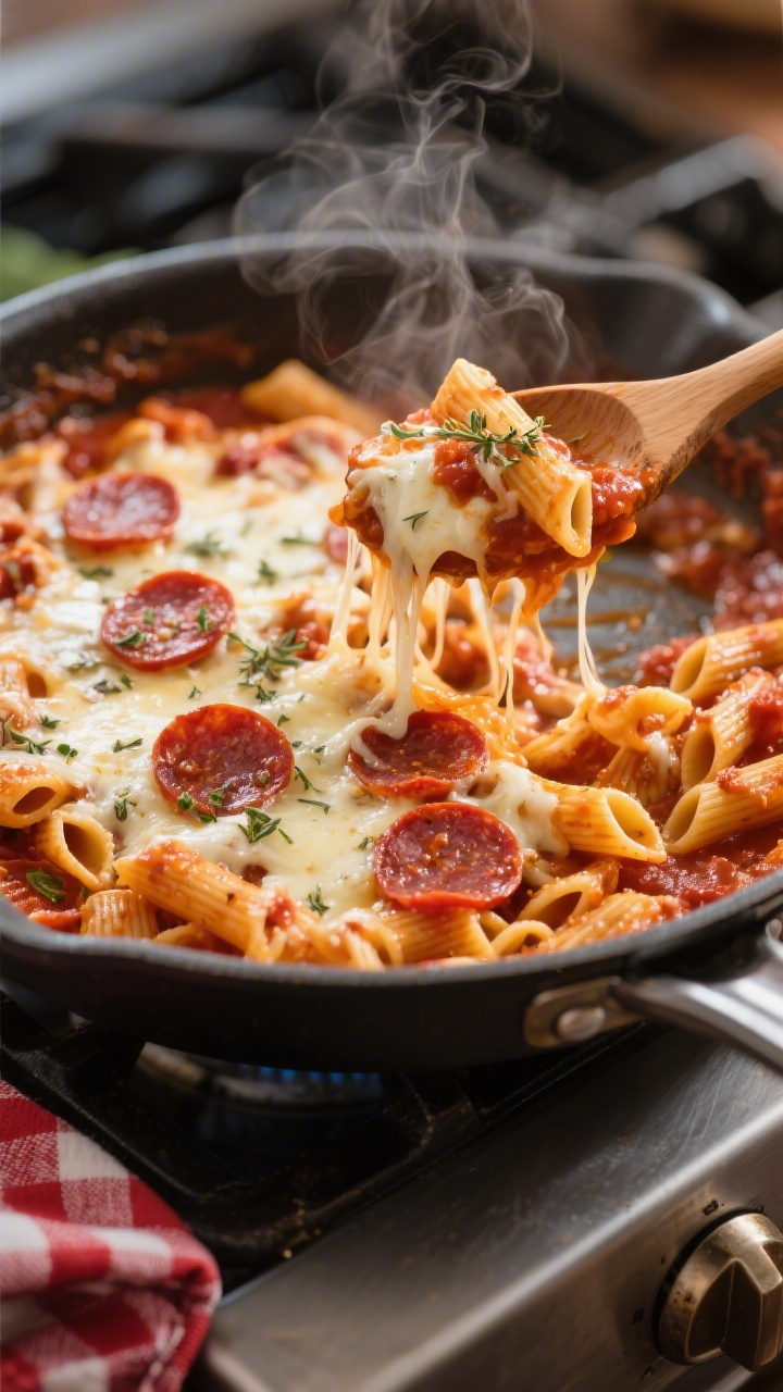 45-degree angle shot of a one-pan pizza pasta just off the stovetop in a deep sauté pan: short pasta (penne/rotini/shells) coated in marinara simmered with low-sodium broth, studded with mini pepperoni and strands of melted mozzarella, extra cheese bubbled on top. Include a wooden spoon lifting a saucy scoop to highlight gooey stretch, with a sprinkle of dried Italian herbs and a red-check napkin nearby; steam rising, family-friendly comfort food vibe, backgrounds softly blurred.