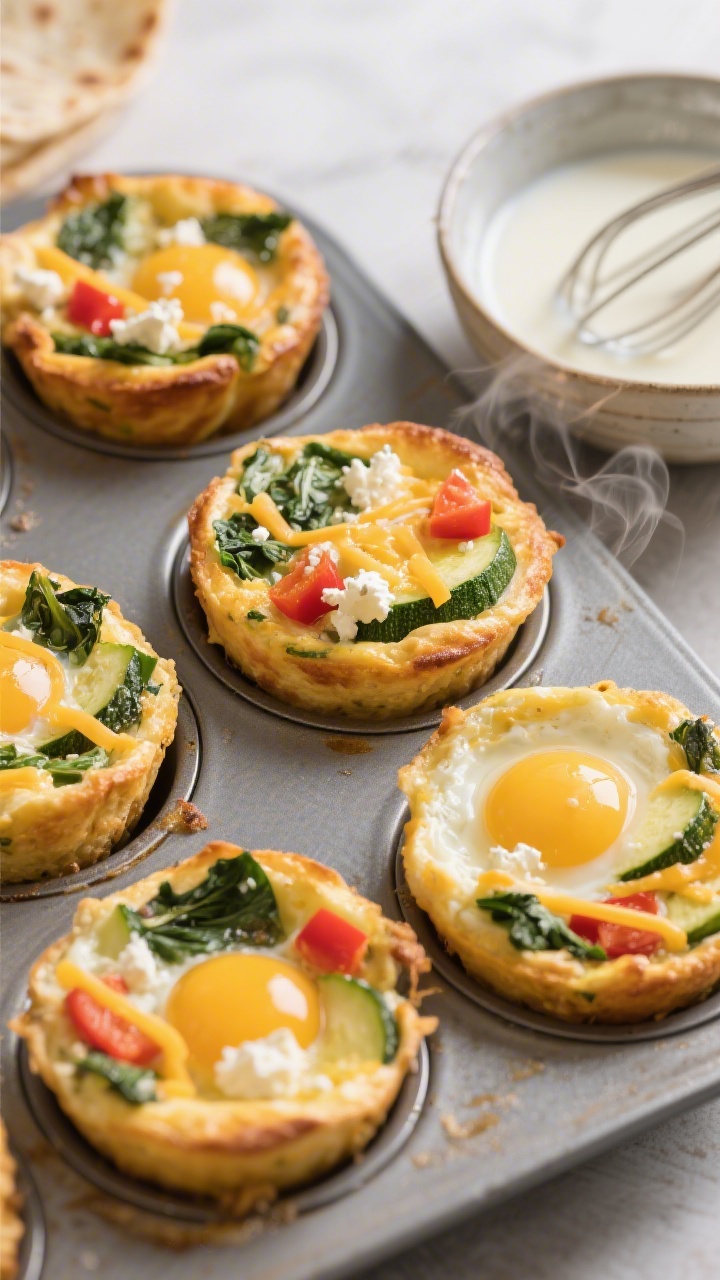 45-degree angle shot of cheesy eggy veggie muffins fresh from the oven: golden, puffed egg cups in a muffin pan, visibly flecked with finely chopped spinach, red bell pepper, and zucchini, with melty cheddar strands and creamy curds from cottage cheese peeking through; a small bowl of whisked eggs and milk to the side, steam rising, bright and savory breakfast quesadilla vibes.