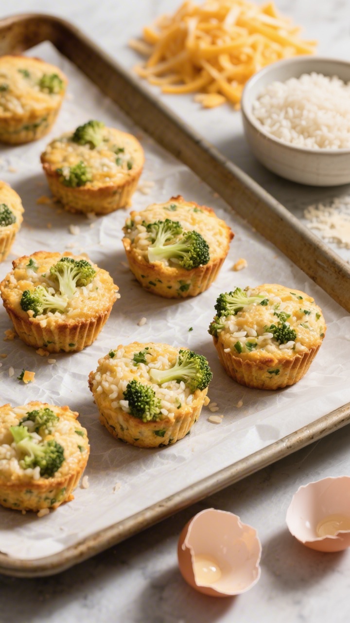 45-degree angle shot of Cozy Cheesy Broccoli Rice Muffins cooling on a parchment-lined sheet pan, golden edges and flecks of very finely chopped steamed broccoli visible; ingredients subtly styled nearby: a small bowl of cooked rice, a mound of shredded mild cheddar, a sprinkle of grated Parmesan, and two cracked eggshells; warm, inviting light with gentle shadows to highlight the nugget-like texture.