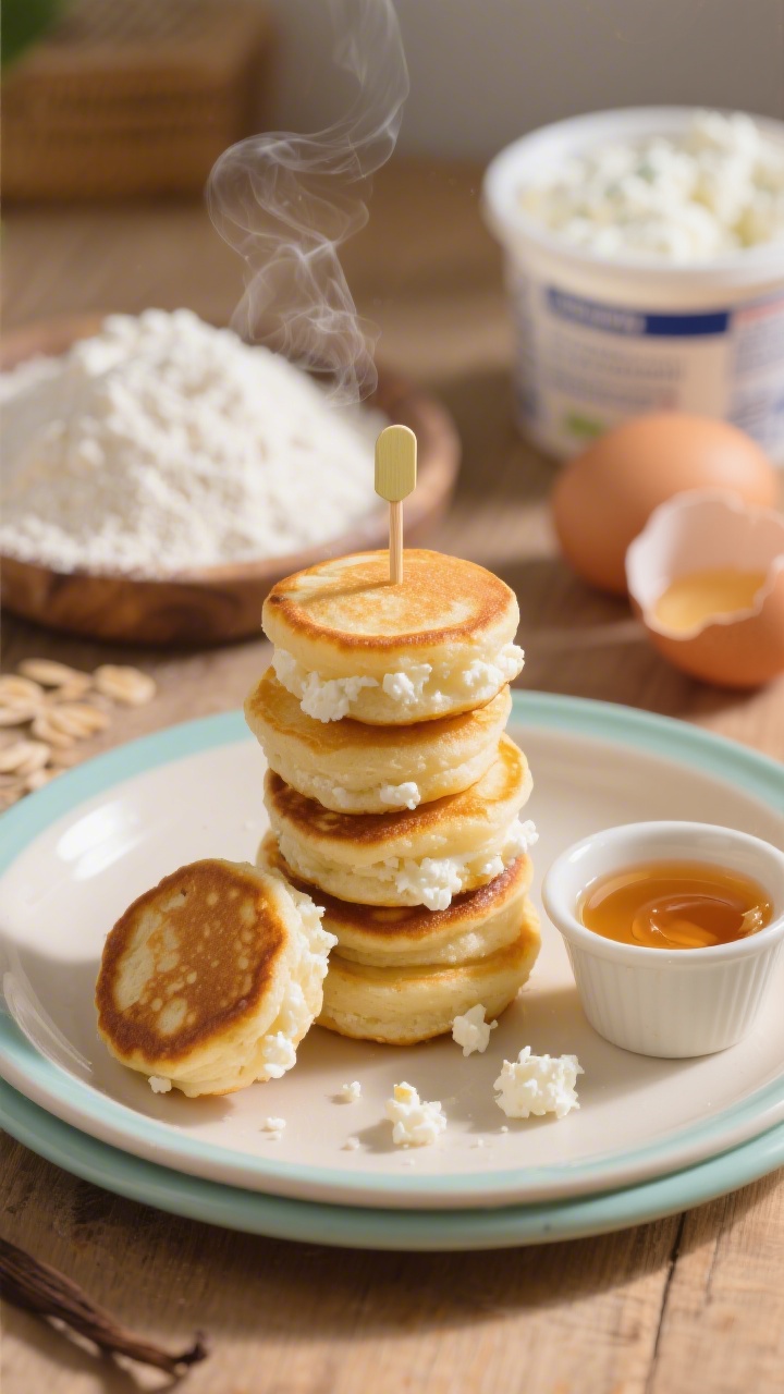 45-degree angle shot of mini cottage cheese pancake poppers stacked on a kid-sized plate, golden edges and fluffy interiors dotted with tiny curds; a small dipping cup of maple or honey on the side; visible ingredients in soft focus behind: cottage cheese tub, cracked eggs, a little mound of white whole wheat (or oat) flour, baking powder, a splash of vanilla; warm morning light, steam faintly rising, crisp yet tender texture highlighted.