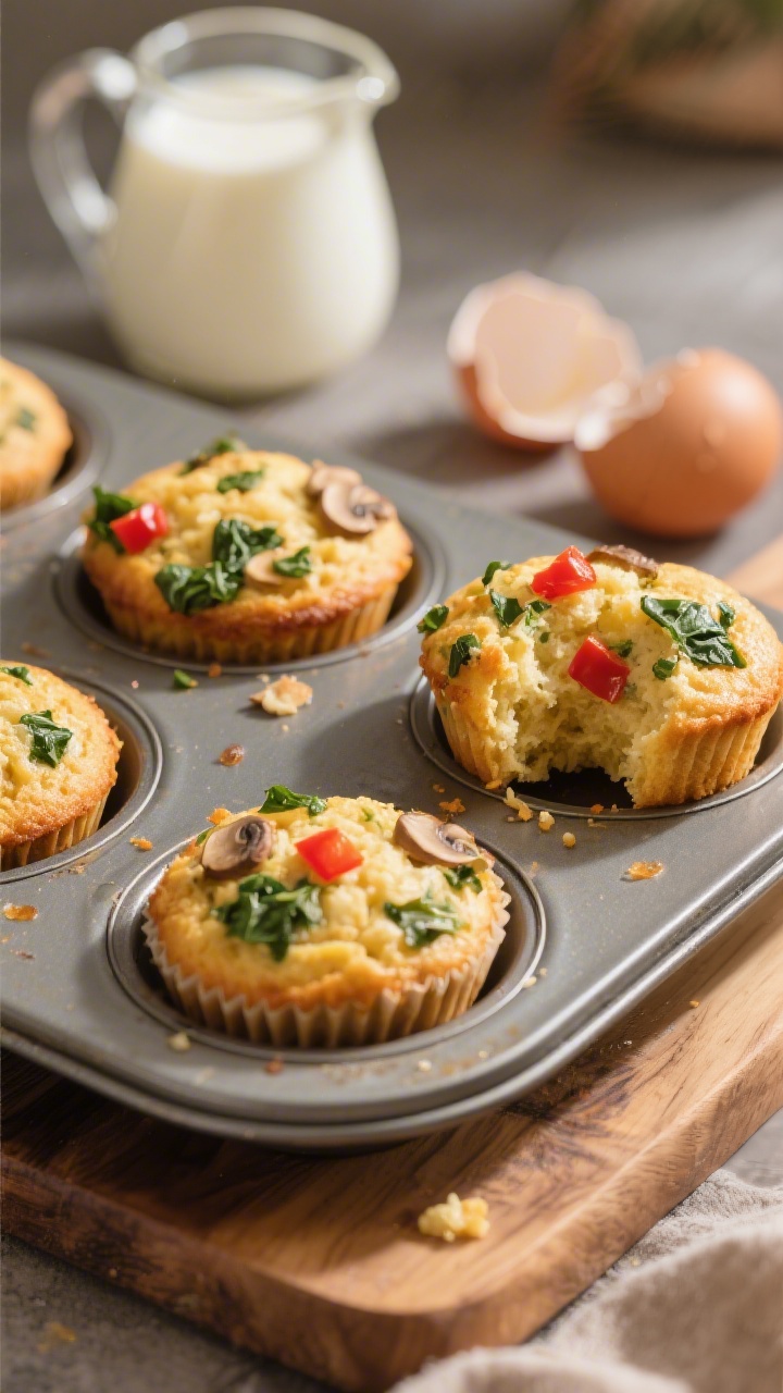 45-degree angle shot of mini egg and veggie muffin bites cooling in a mini muffin tin: golden tops studded with finely chopped spinach, red bell pepper, and tiny bits of mushroom; a small pitcher of milk and cracked eggshells blurred in the background; one muffin torn open on a wooden board to reveal fluffy, moist interior; warm morning light, shallow depth of field.