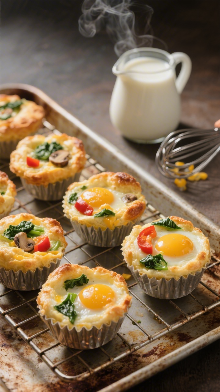 45-degree angle shot of mini egg-and-veggie muffin cups just out of the tin, puffy “cheddar cloud” tops lightly browned; visible bits of finely chopped spinach, red bell pepper, and tiny mushroom flecks inside the tender egg bite; a small pitcher of whole milk and a whisk flecked with egg nearby, steam faintly rising, set on a warm metal cooling rack over a rustic sheet pan, soft side light to emphasize texture.