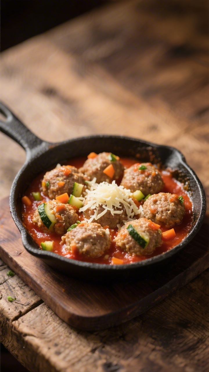 45-degree angle shot of mini turkey veggie meatballs simmering in a cozy tomato sauce in a shallow skillet, specks of finely grated zucchini and carrot visible in the tender meatballs, light breadcrumb and egg binding evident by the smooth texture, a small mound of grated cheese melting on top; warm, inviting lighting with a rustic wooden table beneath