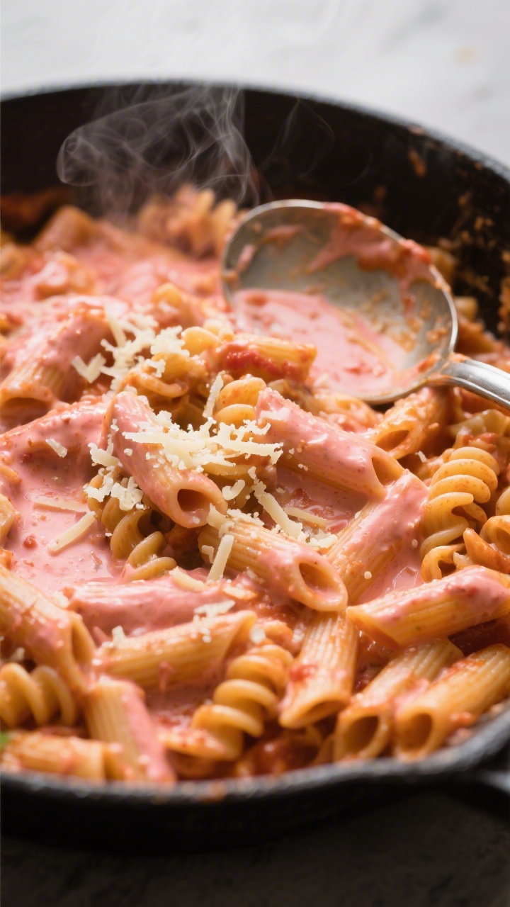 45-degree angle shot of One-Pan Creamy Tomato Pasta in a deep skillet: short pasta (penne and rotini mix) coated in a glossy pink-orange sauce from marinara, low-sodium broth, and heavy cream, finished with grated Parmesan melting into silky ribbons; a ladle resting on the pan’s rim, steam rising, a sprinkle of extra Parmesan on top; cozy weeknight vibe, soft directional light, tight composition focusing on the creamy texture.
