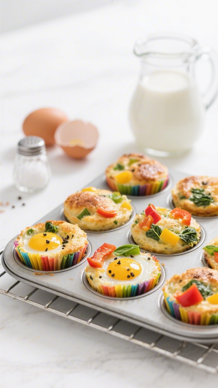 45-degree angle shot of rainbow veggie egg muffins just out of the tin, tops puffed and glossy; visible finely chopped bell peppers (red, yellow, green), spinach, and a sprinkle of black pepper specks; a jug of milk and cracked eggs in the background, salt pinch nearby; arranged on a cooling rack with a clean white surface for a bright, kid-friendly vibe.