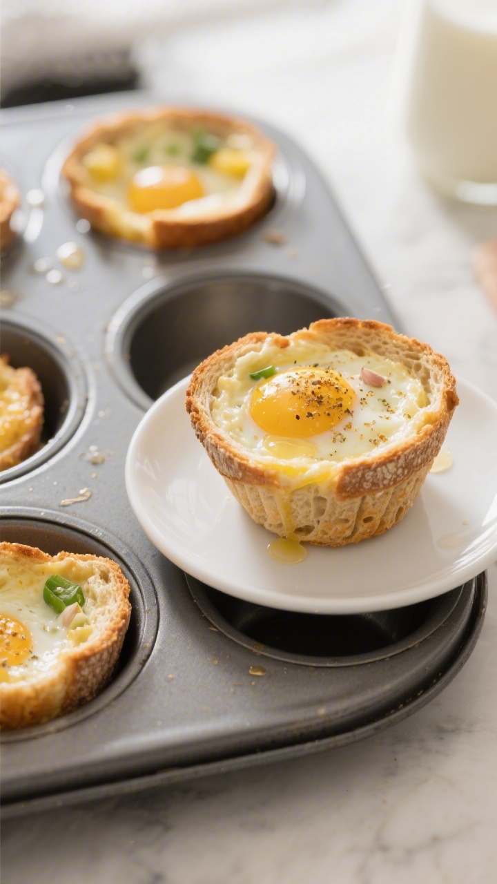 45-degree angle shot of veggie eggy toast cups fresh from a muffin tin: neatly molded whole wheat bread shells brushed with melted butter, filled with fluffy egg mixture speckled with garlic powder and a splash of whole milk; cups are lightly golden at the edges with a tender set center; one cup lifted onto a small white plate to show crisp-to-soft contrast; simple morning kitchen setting, warm natural light, no visible salt shaker to imply reduced sodium