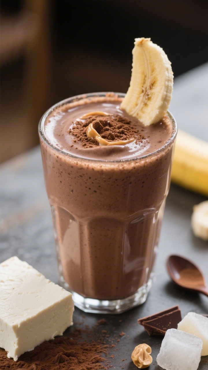45-degree angle smoothie scene of a chocolate milkshake smoothie with hidden tofu: a thick, frosty shake in a clear glass showing velvety texture, made with milk (dairy or soy), silken tofu, frozen banana, cocoa powder, and optional peanut butter; light cocoa dusting on top, banana slice garnish on rim, a subtle peanut butter swirl inside the glass; ingredients—silken tofu block, cocoa spoon, frozen banana chunks—blurred in the background; rich, indulgent look with soft, diffuse lighting.