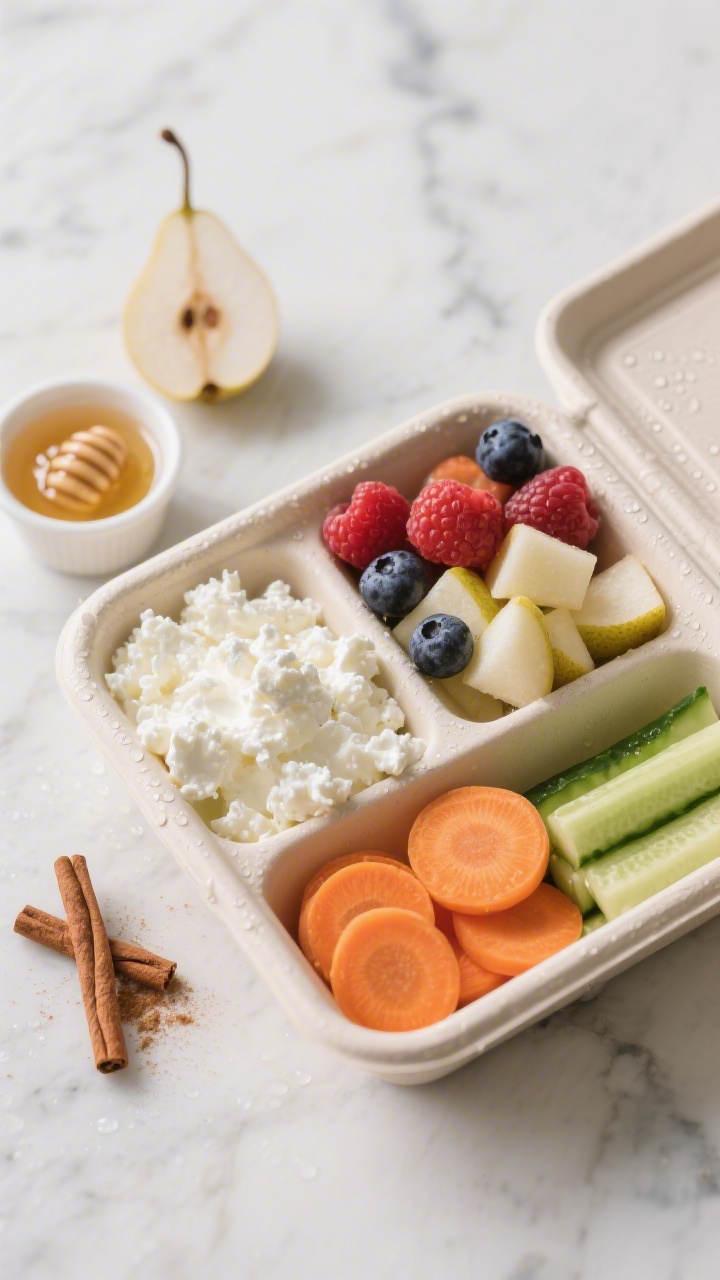 45-degree angle snack-box close-up of a no-cook cottage cheese fruit and veggie box: a compartmentalized container with creamy 4% cottage cheese, diced soft fruit (berries and ripe pear pieces), and soft veggies (steamed carrot coins and peeled cucumber sticks). A tiny drizzle of honey in a mini cup near the fruit and a sprinkle of cinnamon nearby for optional flavor. Bright, fresh styling with condensation on the produce, crisp edges, and a cool marble backdrop; emphasis on contrasting textures—creamy, juicy, and tender.