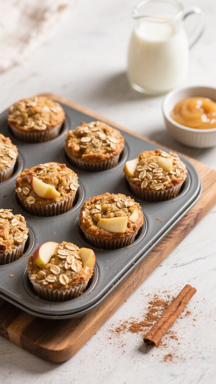 45-degree angle tray shot of baked apple cinnamon oat cups: rustic muffin-shaped oat cups studded with soft apple pieces, golden tops with visible rolled oats, scented with cinnamon; arranged in a nonstick muffin tin on a wooden board, a small bowl of unsweetened applesauce and a pitcher of milk nearby, a light dusting of cinnamon on the surface, cozy morning light.