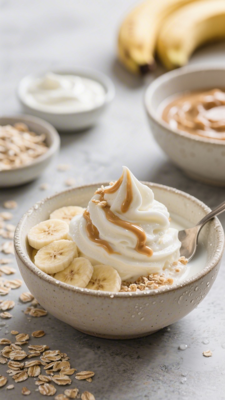 45-degree beauty shot of creamy banana oat “ice cream” breakfast bowls: soft-serve-like swirls made from frozen banana, Greek yogurt, quick oats, a splash of milk, and a ribbon of peanut (or almond) butter, topped with a sprinkle of dry oats and thin banana slices. Velvety texture with micro-condensation on the bowl rim, spoon swoop creating a glossy crest. Neutral ceramic bowls on a cool stone surface; ingredients in small dishes—frozen banana coins, oats, yogurt, nut butter—blurred in the background. Bright, clean, breakfast mood.