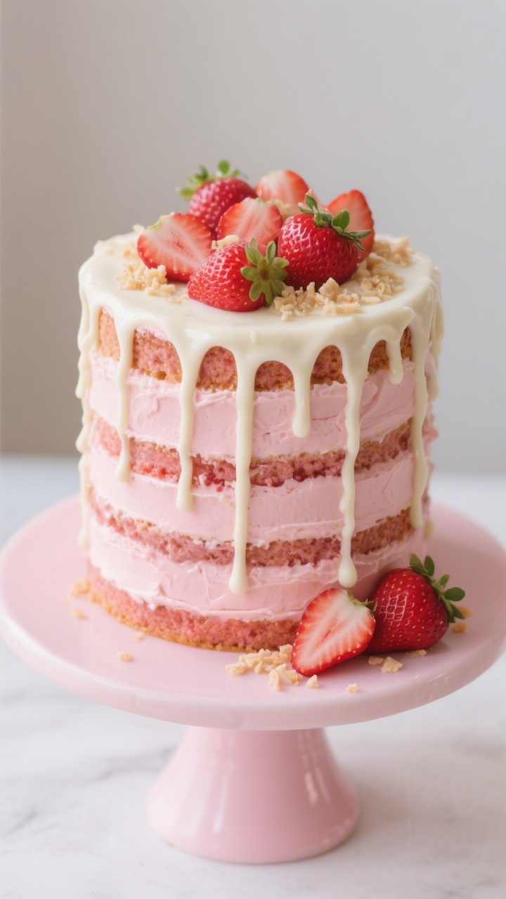 45-degree close-up of a Strawberry Milkshake Drip Cake on a pale pink pedestal: tall layers made with all-purpose flour, baking powder, a touch of baking soda and salt, enriched with unsalted butter and neutral oil for a plush crumb, frosted in blush strawberry buttercream, crowned with a silky white chocolate ganache drip cascading down the sides; garnished with fresh strawberry halves and fine cake crumbs, glossy highlights, appetizing creamy textures.