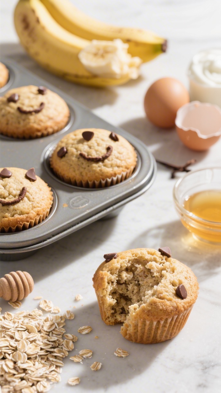 45-degree close-up of Banana Oat Blender Muffins cooling in a tin, domed tops studded with mini chocolate chips forming smiley patterns; ingredients staged nearby: ripe bananas (one half-mashed), eggs, plain Greek yogurt (or dairy-free), maple syrup or honey (note: honey flagged visually as optional), vanilla extract, and rolled oats ready for blending; one muffin split open to show tender oat crumb; bright morning light, inviting and wholesome.