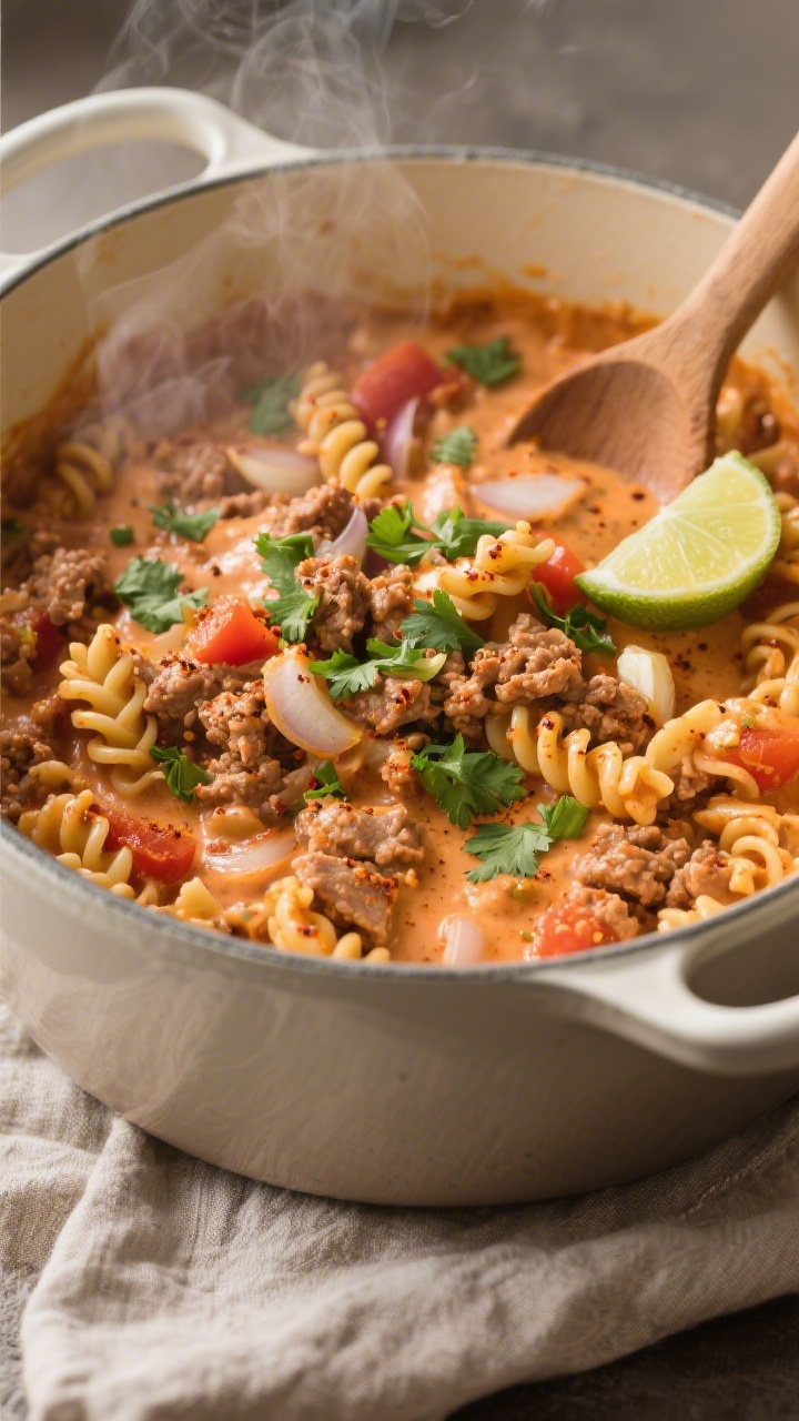 45-degree close-up of creamy one-pot taco pasta in a wide enameled Dutch oven: corkscrew pasta coated in a velvety tomato-cream sauce, browned crumbles of ground turkey, sautéed onions, and minced garlic visible, seasoned with taco seasoning and a hint of smoked paprika; garnished with a shower of chopped cilantro and a squeeze of lime off to the side, steam gently rising; warm, cozy weeknight mood with a neutral linen and a wooden spoon resting on the pot’s rim.