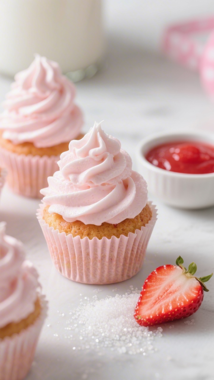 45-degree close-up of cupcakes: Strawberry Milk Cupcakes topped with fluffy whipped frosting in tall, airy swirls; tender pink-tinged crumb from strawberry puree and whole milk, cupcake liners in soft blush; fresh strawberry halves and a small bowl of vibrant strawberry puree nearby, fine sugar crystals glinting; shallow depth of field, bright, cheerful styling to feel birthday-ready.