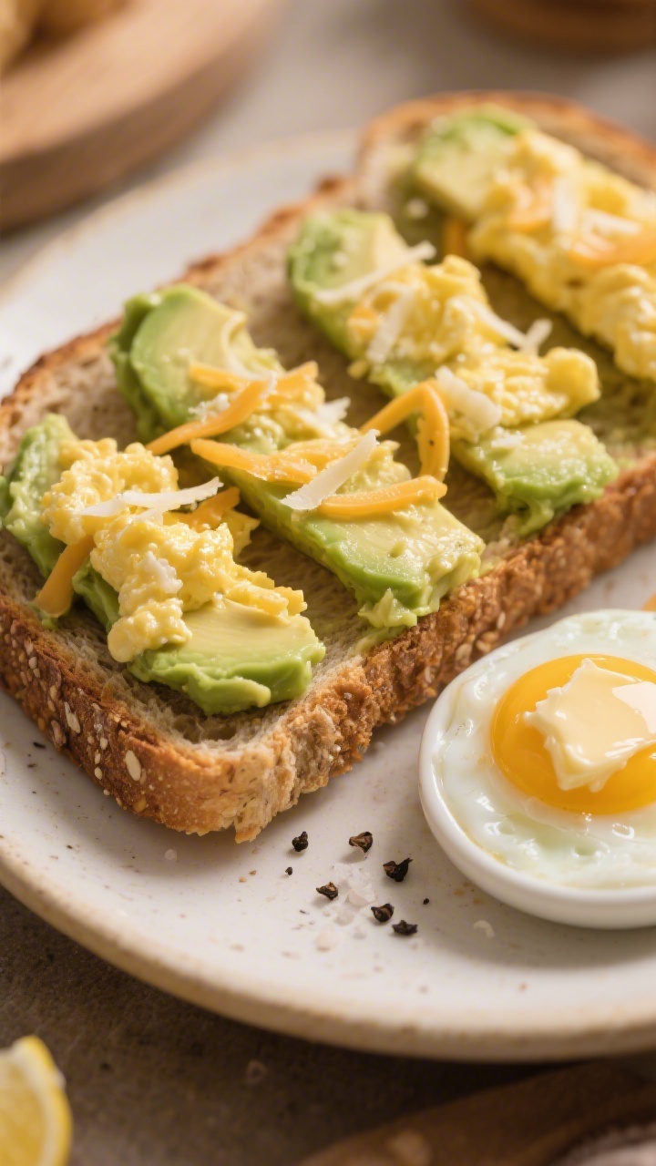 45-degree close-up of eggy avocado toast soldiers: a slice of whole grain bread cut into “soldiers,” topped with creamy mashed avocado mixed with lemon juice, lightly sprinkled with finely shredded cheddar/Parmesan; soft-scrambled eggs (buttery, glossy curds) served alongside for dipping; pinch of black pepper and sea salt visible; styled on a small toddler-friendly plate with a pat of melting butter nearby; warm, cozy breakfast mood.