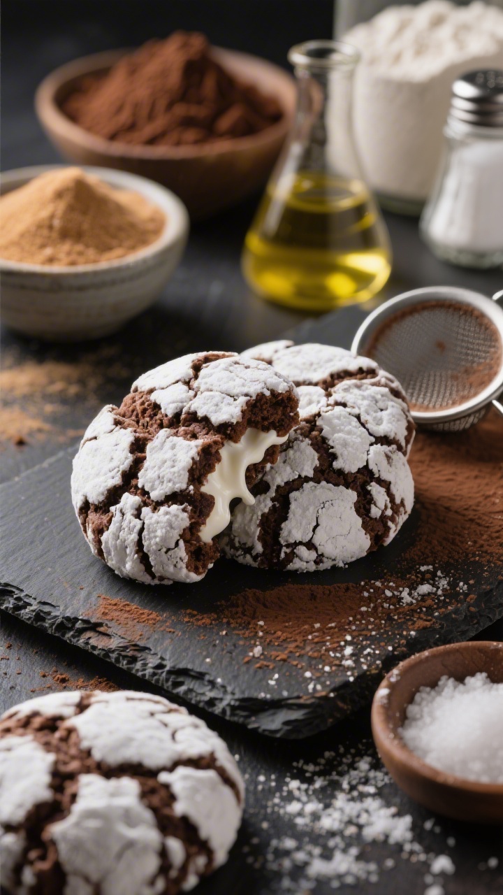 45-degree close-up of hot cocoa crinkle cookies just out of the oven, dramatic contrast of deep cocoa-brown cookie surfaces with bold powdered sugar fissures, one cookie split open to reveal a gooey marshmallow middle stretching slightly. Style with ingredients in the background soft focus: a heap of unsweetened cocoa powder, bowls of granulated and light brown sugar, a small beaker of vegetable oil, flour and baking powder canisters, and a pinch dish of salt. Warm, cozy winter mood on a dark slate board with a cocoa-dusted sieve, shallow depth of field, emphasis on crackled texture and molten marshmallow.
