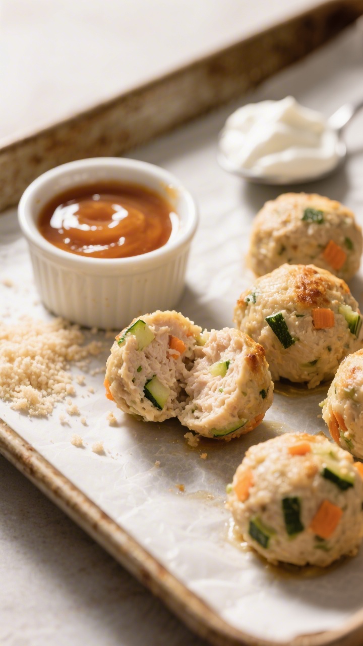 45-degree close-up of soft chicken veggie meatballs fresh from the oven: tender, pale-golden meatballs dotted with very fine zucchini and carrot, juicy interior shown in one split meatball. A small ramekin of glossy sweet dipping sauce beside them, with a light brush of sauce on one meatball. Scatter of plain breadcrumbs and a spoonful of Greek yogurt in the background to hint at ingredients. Set on a parchment-lined sheet pan with warm directional light highlighting moisture and texture.