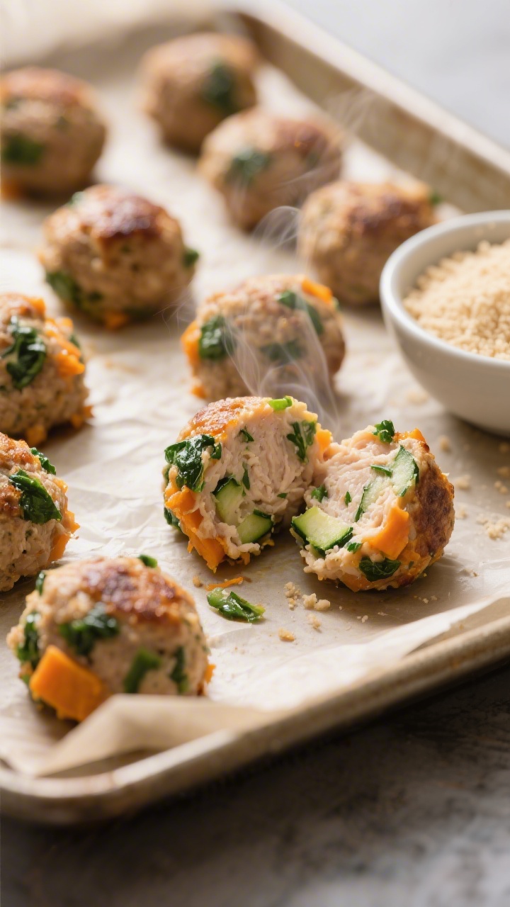 45-degree close-up of soft mini chicken veggie meatballs fresh from the oven: tender, lightly browned meatballs made with ground chicken, mashed sweet potato, very finely chopped spinach, and finely grated, squeezed-dry zucchini, flecks of green and orange visible in the juicy interior of a split meatball; arranged on a parchment-lined sheet pan with a small bowl of plain breadcrumbs off to the side; warm, cozy tones, shallow depth of field emphasizing the moist crumb and hidden veggies, steam subtly rising.